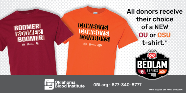 Donor receive choice of OU or OSU bedlam t-shirt.